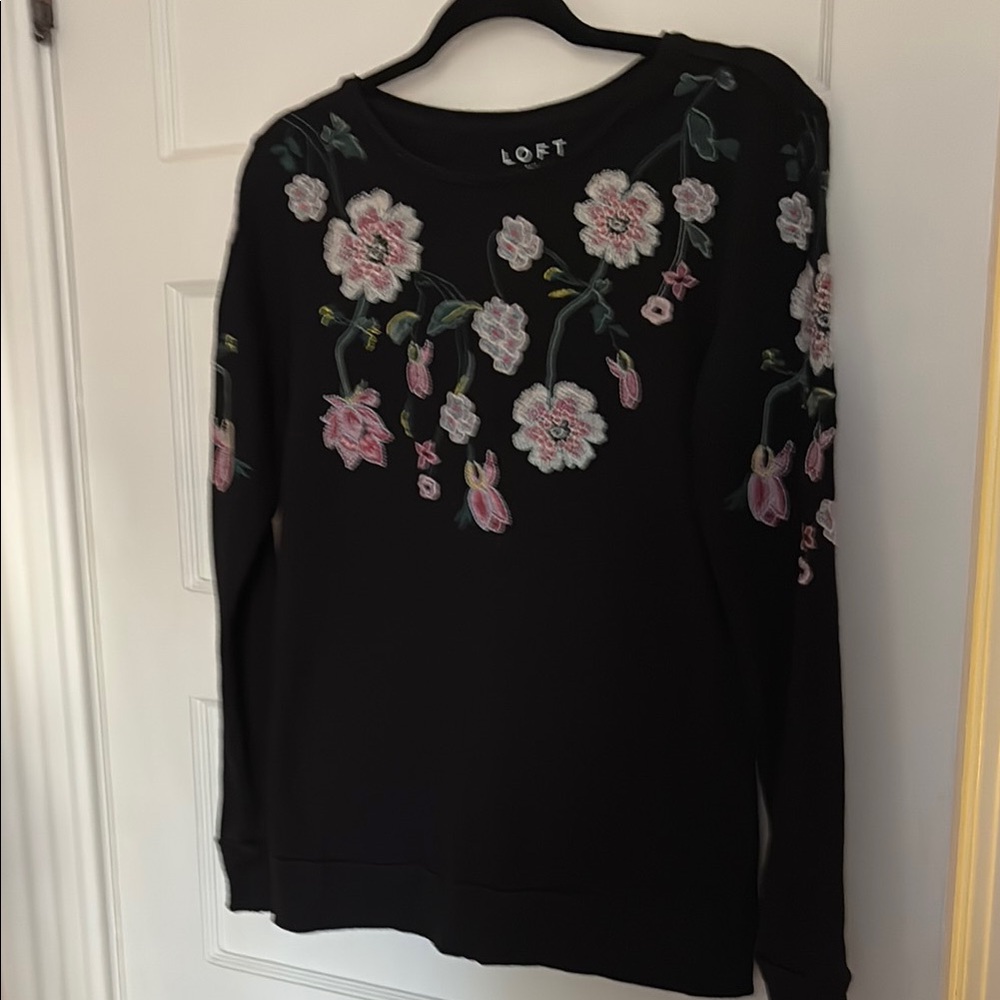 LOFT Floral Embellished Crewneck Sweater in Black and Pink